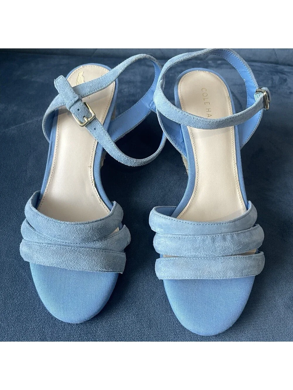 Cole Haan Woman's 6B Jasmine  Espadrille Wedge Blue Suede Gold 3” Heel Sandals